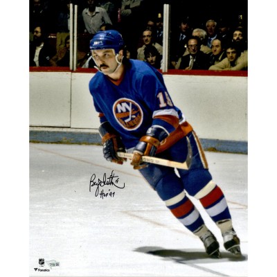 Autographed New York Islanders Bryan Trottier Fanatics Authentic 16 x 20 Blue Jersey Skating Photograph with HOF 97 Inscription