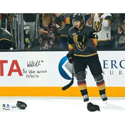 Autographed Vegas Golden Knights William Karlsson Fanatics Authentic 16 x 20 Goal Celebration Photograph with 1st VGK Hat Trick 12/31/17 Inscription