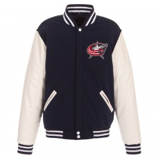 Columbus Blue Jackets JH Design Reversible Fleece Jacket with Faux Leather Sleeves - Navy/White