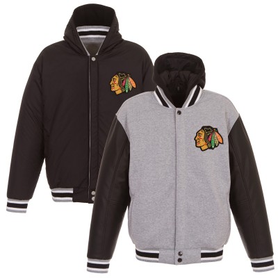 Куртка на кнопках Chicago Blackhawks JH Design Gray/Black Embroidered Logo Reversible Hooded Fleece