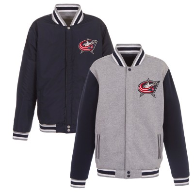 Columbus Blue Jackets JH Design Embroidered Reversible Full Snap Fleece Jacket- Gray/Navy