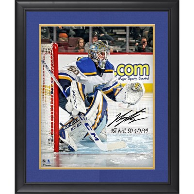 Autographed St. Louis Blues Jordan Binnington Fanatics Authentic Framed 16 x 20 Photograph with 1st NHL SO 1/7/19 Inscription