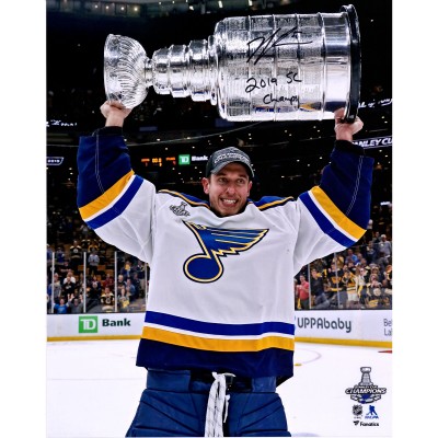 Autographed St. Louis Blues Jordan Binnington Fanatics Authentic 16 x 20 2019 Stanley Cup Champions Raising Cup Photograph with 2019 SC Champs Inscription