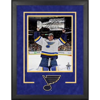 Autographed St. Louis Blues Jordan Binnington Fanatics Authentic Deluxe Framed 16 x 20 2019 Stanley Cup Champions Raising Cup Photograph with 2019 SC Champs Inscription