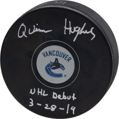 Шайба с автографом Quinn Hughes Vancouver Canucks Fanatics Authentic Autographed with NHL Debut 3-28-19 Inscription