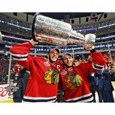 Unsigned Chicago Blackhawks Patrick Kane & Jonathan Toews Fanatics Authentic 2015 Stanley Cup Champions Raising Cup Photograph