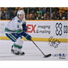 Autographed Vancouver Canucks Brock Boeser Fanatics Authentic 8 x 10 White Jersey Skating with Puck Photograph