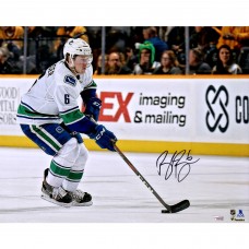 Autographed Vancouver Canucks Brock Boeser Fanatics Authentic 16 x 20 White Jersey Skating with Puck Photograph
