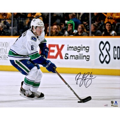 Autographed Vancouver Canucks Brock Boeser Fanatics Authentic 16 x 20 White Jersey Skating with Puck Photograph