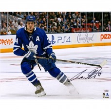 Autographed Toronto Maple Leafs Auston Matthews Fanatics Authentic 16 x 20 Blue Jersey Stopping Photograph