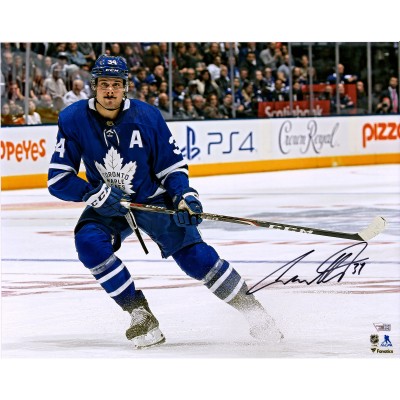 Autographed Toronto Maple Leafs Auston Matthews Fanatics Authentic 16 x 20 Blue Jersey Stopping Photograph