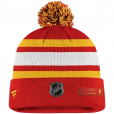 Calgary Flames Fanatics Red/Yellow Authentic Pro Cuffed Pom Knit Hat