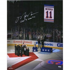 Autographed New York Rangers Mark Messier Fanatics Authentic 16 x 20 Jersey Retirement Night Banner Raising Photograph with Last to Wear #11 Inscription Autographed New York Rangers Mark Messier Fanatics Authentic 16 x 20 Jersey Retirement Night Banner Raising Photograph with Last to Wear #11 Inscription