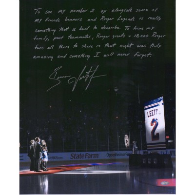 Autographed New York Rangers Brian Leetch Fanatics Authentic 16 x 20 Jersey Retirement Banner Raising Photograph with Story Inscription