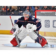 Unsigned Columbus Blue Jackets Elvis Merzlikins Fanatics Authentic Blue Jersey In Net Photograph