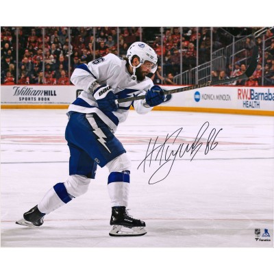 Autographed Tampa Bay Lightning Nikita Kucherov Fanatics Authentic 16 x 20 White Jersey Shooting Photograph
