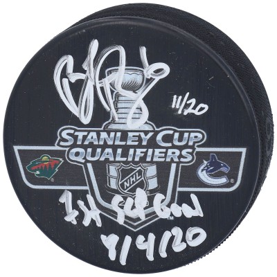 Шайба Brock Boeser Vancouver Canucks Fanatics Authentic 2020 Stanley Cup Qualifiers vs. Minnesota Wild Match-Up with 1st SCP Goal 8/4/20 Inscription- Limited Edition of 20