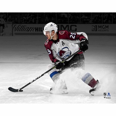 Unsigned Colorado Avalanche Nathan MacKinnon Fanatics Authentic White Jersey Stopping Spotlight Photograph