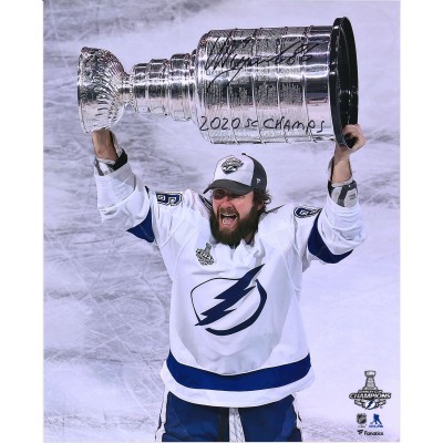 Autographed Tampa Bay Lightning Nikita Kucherov Fanatics Authentic 16 x 20 Raising Cup Photograph with 2020 SC Champs Inscription