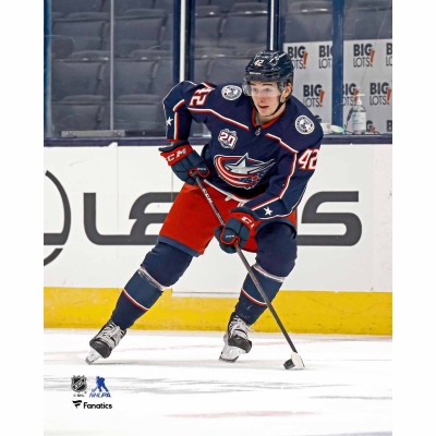 Unsigned Columbus Blue Jackets Alexandre Texier Fanatics Authentic Navy Jersey Skating with Puck vs. Tampa Bay Lightning Photograph