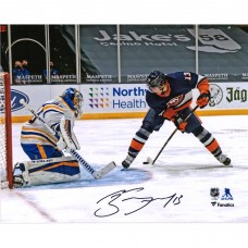 Autographed New York Islanders Mathew Barzal Fanatics Authentic 8 x 10 Goal Between The Legs vs. Buffalo Sabres Photograph