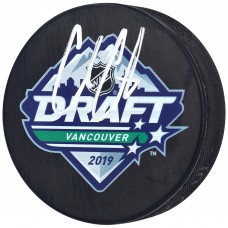 Autographed Montreal Canadiens Cole Caufield Fanatics Authentic 2019 NHL Draft Logo Hockey Puck