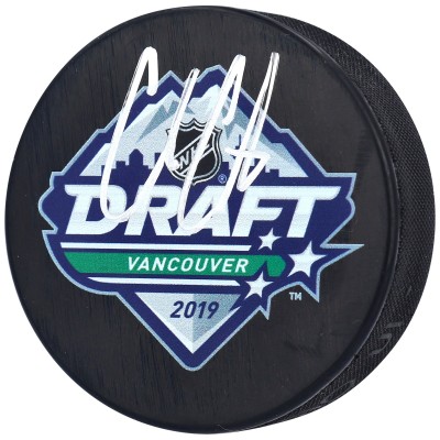 Autographed Montreal Canadiens Cole Caufield Fanatics Authentic 2019 NHL Draft Logo Hockey Puck