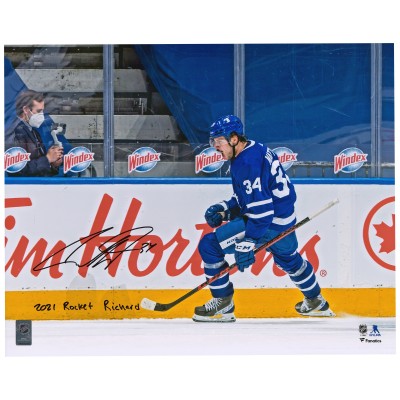 Autographed Toronto Maple Leafs Auston Matthews Fanatics Authentic 16 x 20 Goal Celebration Photograph with 2021 Rocket Richard Inscription