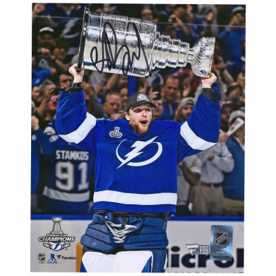 Autographed Tampa Bay Lightning Andrei Vasilevskiy Fanatics Authentic 2021 Stanley Cup Champions 8 x 10 Raising Cup Photograph