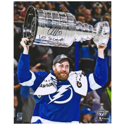 Autographed Tampa Bay Lightning Victor Hedman Fanatics Authentic 2021 Stanley Cup Champions 16 x 20 Raising Cup Photograph with 2021 SC Champs Inscription