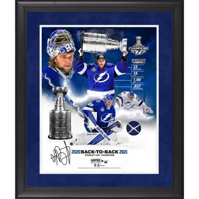 Autographed Tampa Bay Lightning Andrei Vasilevskiy Fanatics Authentic Framed 16 x 20 2021 Stanley Cup Champions Goalie Collage with a Piece of Game-Used Net from the 2021 Stanley Cup Finals - Limited Edition of 88