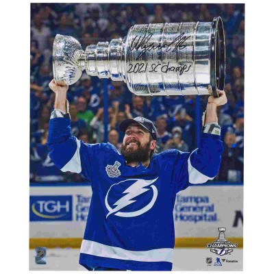 Autographed Tampa Bay Lightning Nikita Kucherov Fanatics Authentic 2021 Stanley Cup Champions 16 x 20 Raising Cup Photograph with 2021 SC Champs Inscription