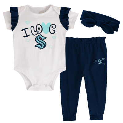 Girls Infant Seattle Kraken White/Deep Sea Blue I Love Hockey Bodysuit, Pants & Headband Set