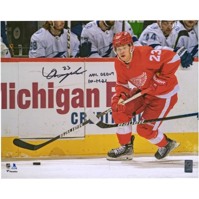 Autographed Detroit Red Wings Lucas Raymond Fanatics Authentic 16 x 20 Skating Photograph with NHL Debut 10-14-21 Inscription