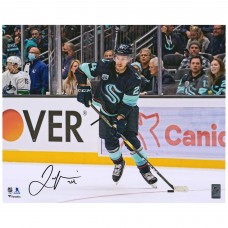 Autographed Seattle Kraken Jamie Oleksiak Fanatics Authentic 16 x 20 Deep Sea Blue Jersey Passing Photograph