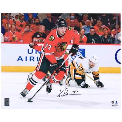 Autographed Chicago Blackhawks Kirby Dach Fanatics Authentic 16 x 20 Red Jersey with Puck Photograph