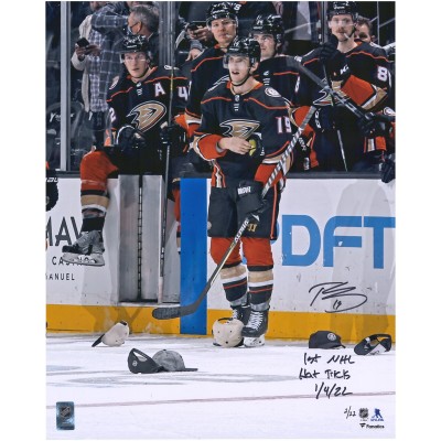Autographed Anaheim Ducks Troy Terry Fanatics Authentic 16 x 20 Hat Trick Celebration Photograph with 1ST NHL HAT TRICK 1/4/22 Inscription - Limited Edition of 22