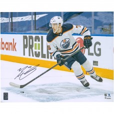 Autographed Edmonton Oilers Evan Bouchard Fanatics Authentic 16 x 20 White Jersey with Puck Photograph