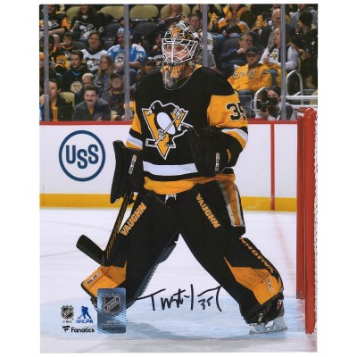 Autographed Pittsburgh Penguins Tristan Jarry Fanatics Authentic 8 x 10 Black Jersey In Net Photograph