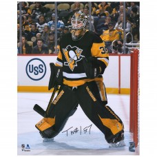 Autographed Pittsburgh Penguins Tristan Jarry Fanatics Authentic 16 x 20 Black Jersey In Net Photograph