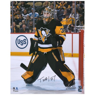 Autographed Pittsburgh Penguins Tristan Jarry Fanatics Authentic 16 x 20 Black Jersey In Net Photograph