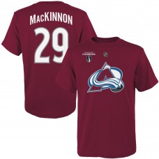 Nathan MacKinnon Colorado Avalanche Youth 2022 Stanley Cup Champions Name and Number T-Shirt - Burgundy