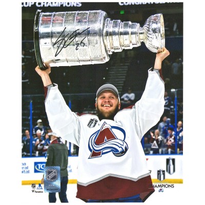 Autographed Colorado Avalanche Logan OConnor Fanatics Authentic 2022 Stanley Cup Champions 8 x 10 Raising Cup Photograph