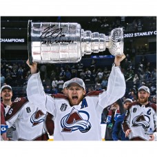 Autographed Colorado Avalanche Nathan MacKinnon Fanatics Authentic 2022 Stanley Cup Champions 16 x 20 Raising Cup Photograph with 2022 SC Champs Inscription