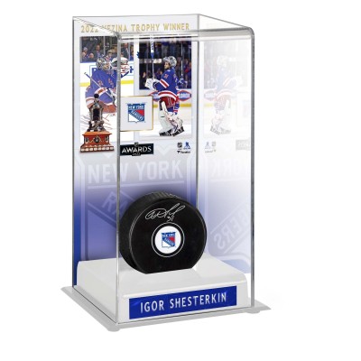 Autographed New York Rangers Igor Shesterkin Fanatics Authentic 2022 Vezina Trophy Winner Deluxe Tall Hockey Display Case with Puck