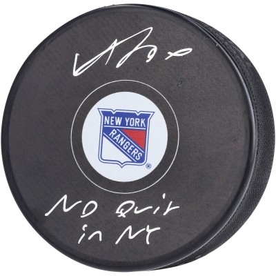 Autographed New York Rangers Adam Fox Fanatics Authentic Hockey Puck with No Quit in NY Inscription