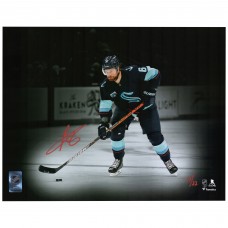 Autographed Seattle Kraken Adam Larsson Fanatics Authentic 11 x 14 Deep Sea Blue Jersey with Puck Spotlight Photograph - Limited Edition of 22