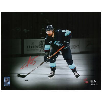Autographed Seattle Kraken Adam Larsson Fanatics Authentic 11 x 14 Deep Sea Blue Jersey with Puck Spotlight Photograph - Limited Edition of 22