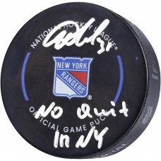 New York Rangers Igor Shesterkin Fanatics Authentic Official Game Puck with No Quit in NY Inscription New York Rangers Igor Shesterkin Fanatics Authentic Official Game Puck with No Quit in NY Inscription