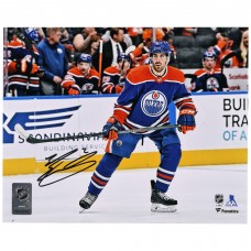 Autographed Edmonton Oilers Evan Bouchard Fanatics Authentic 8 x 10 Blue Jersey Skating Photograph
